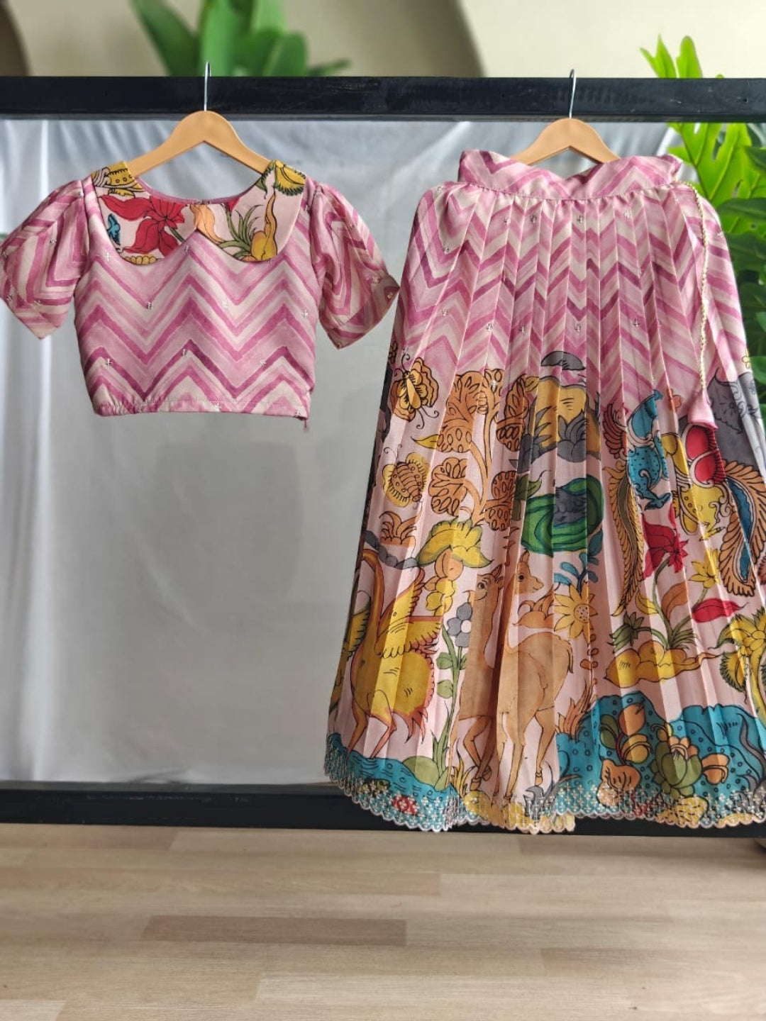 Pink Multicolor Tussar Silk Kids Lehenga Set