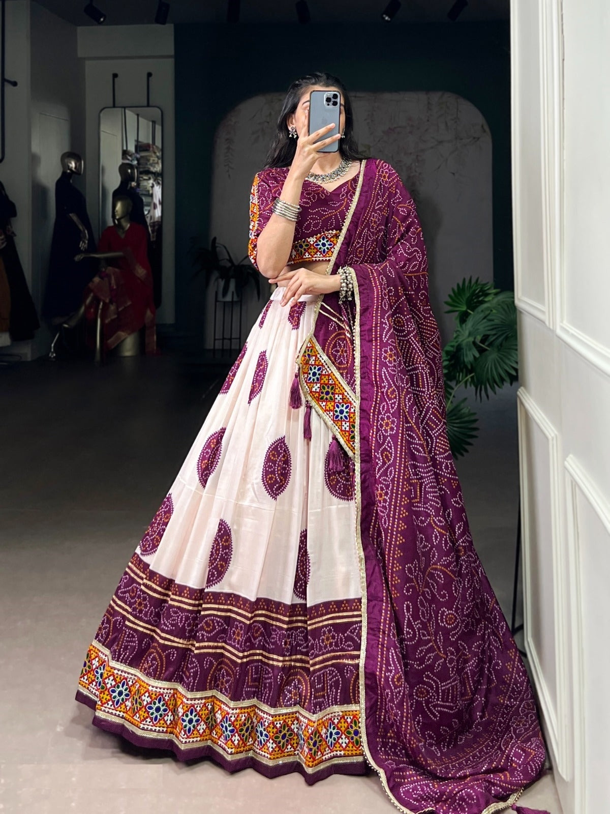 Exquisite White And Purple Tussar Silk Festive Wear Lehenga Set