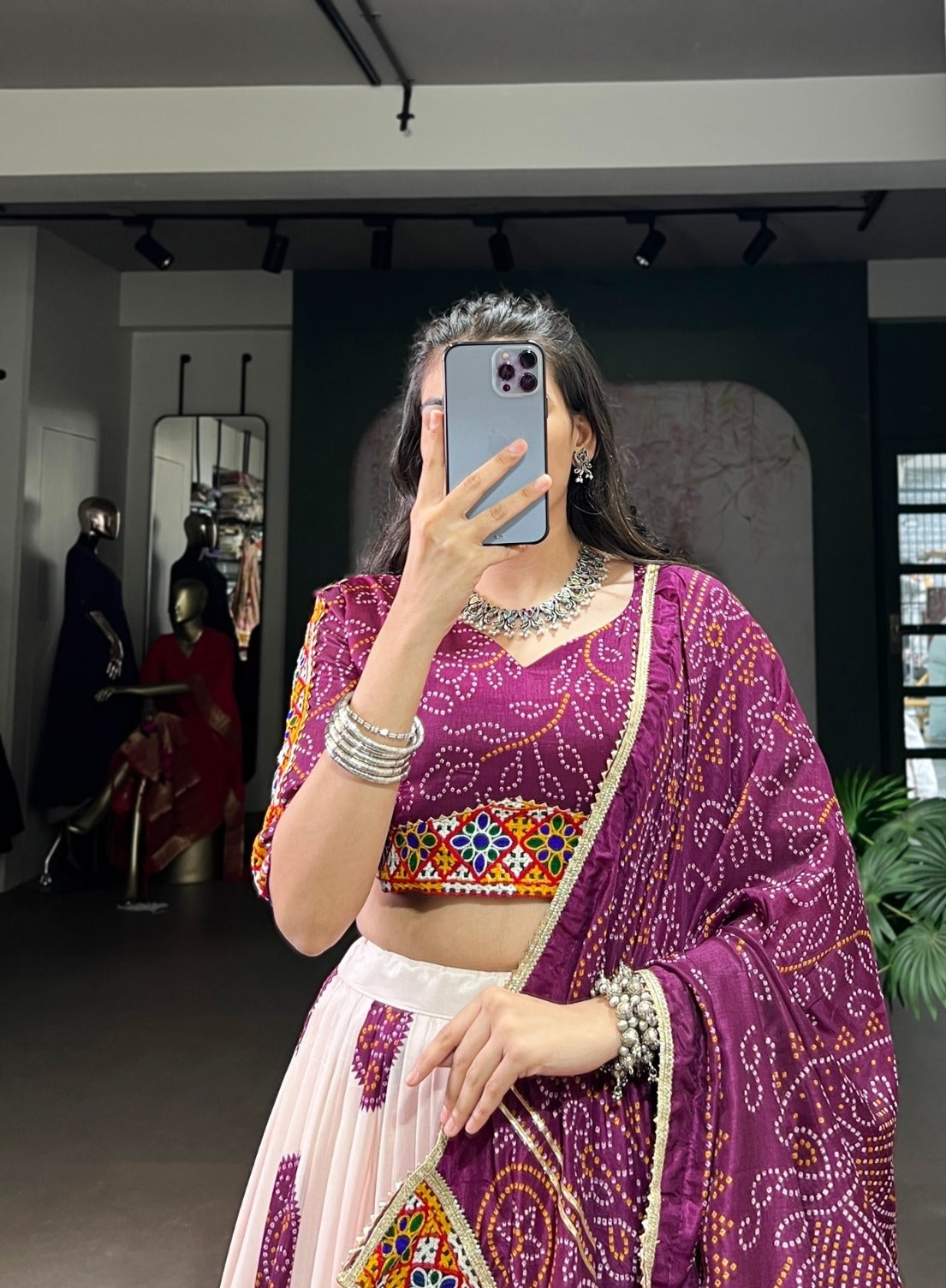 Exquisite White And Purple Tussar Silk Festive Wear Lehenga Set