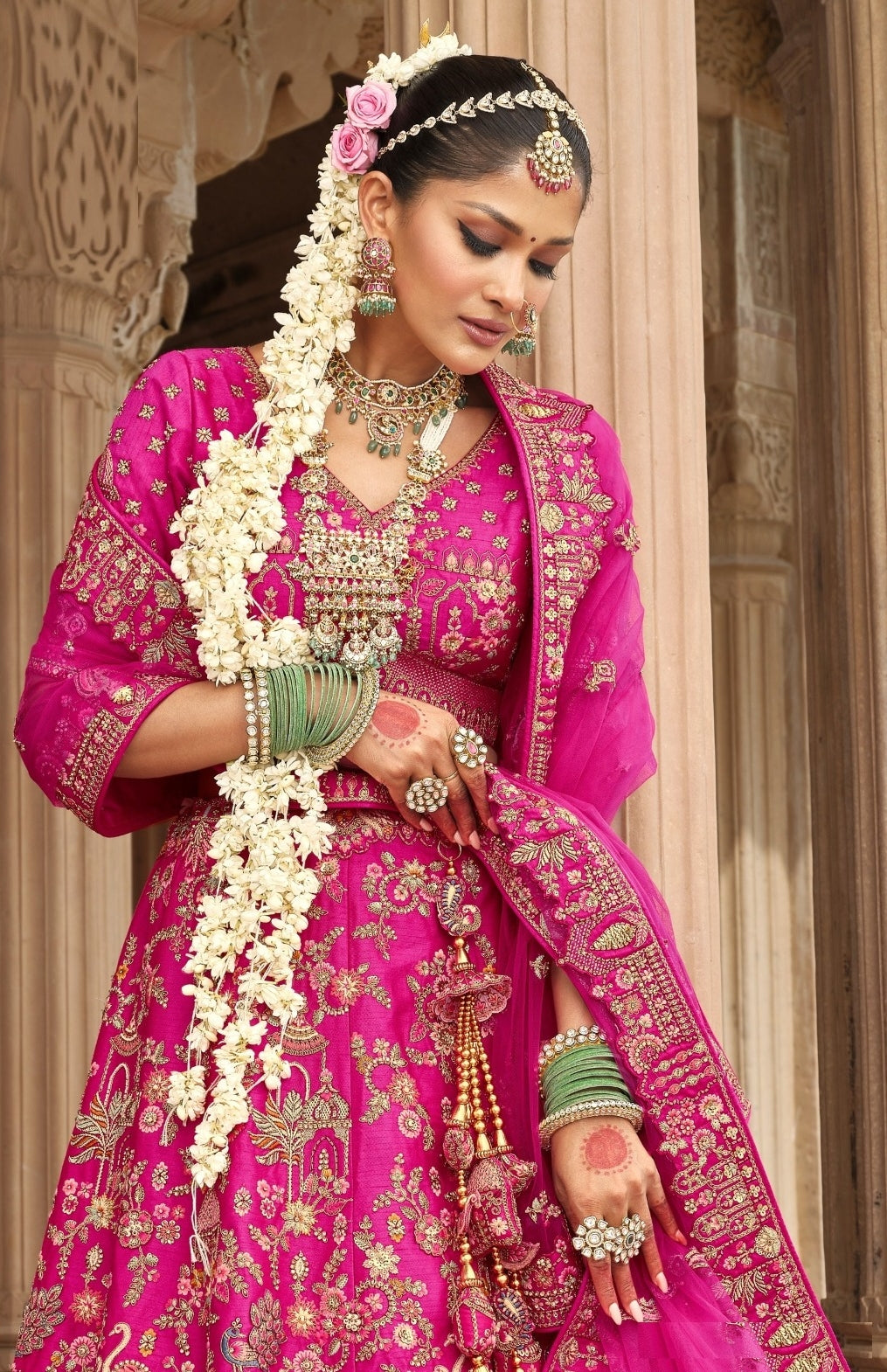 Elegant Pink Heavy Silk Bridal Lehenga Set
