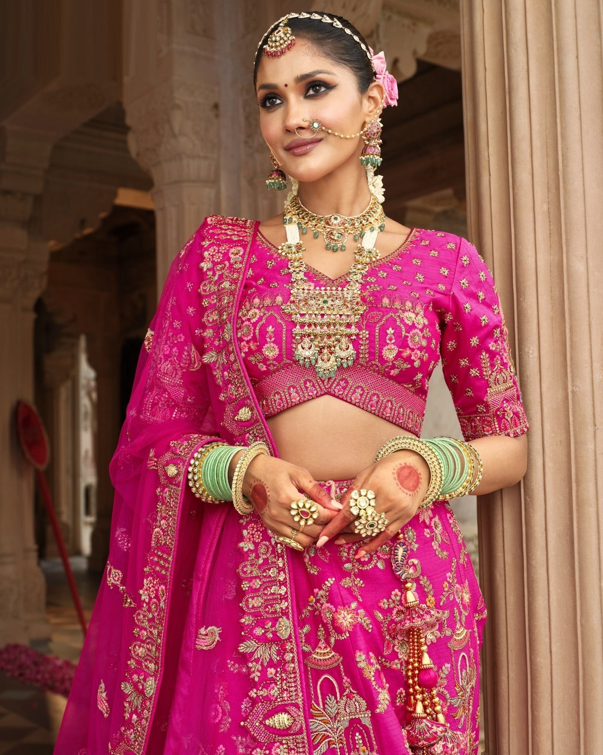 Elegant Pink Heavy Silk Bridal Lehenga Set