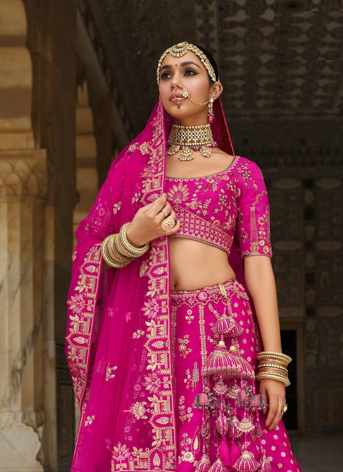 Sophisticated Pink Heavy Silk Bridal Lehenga Set