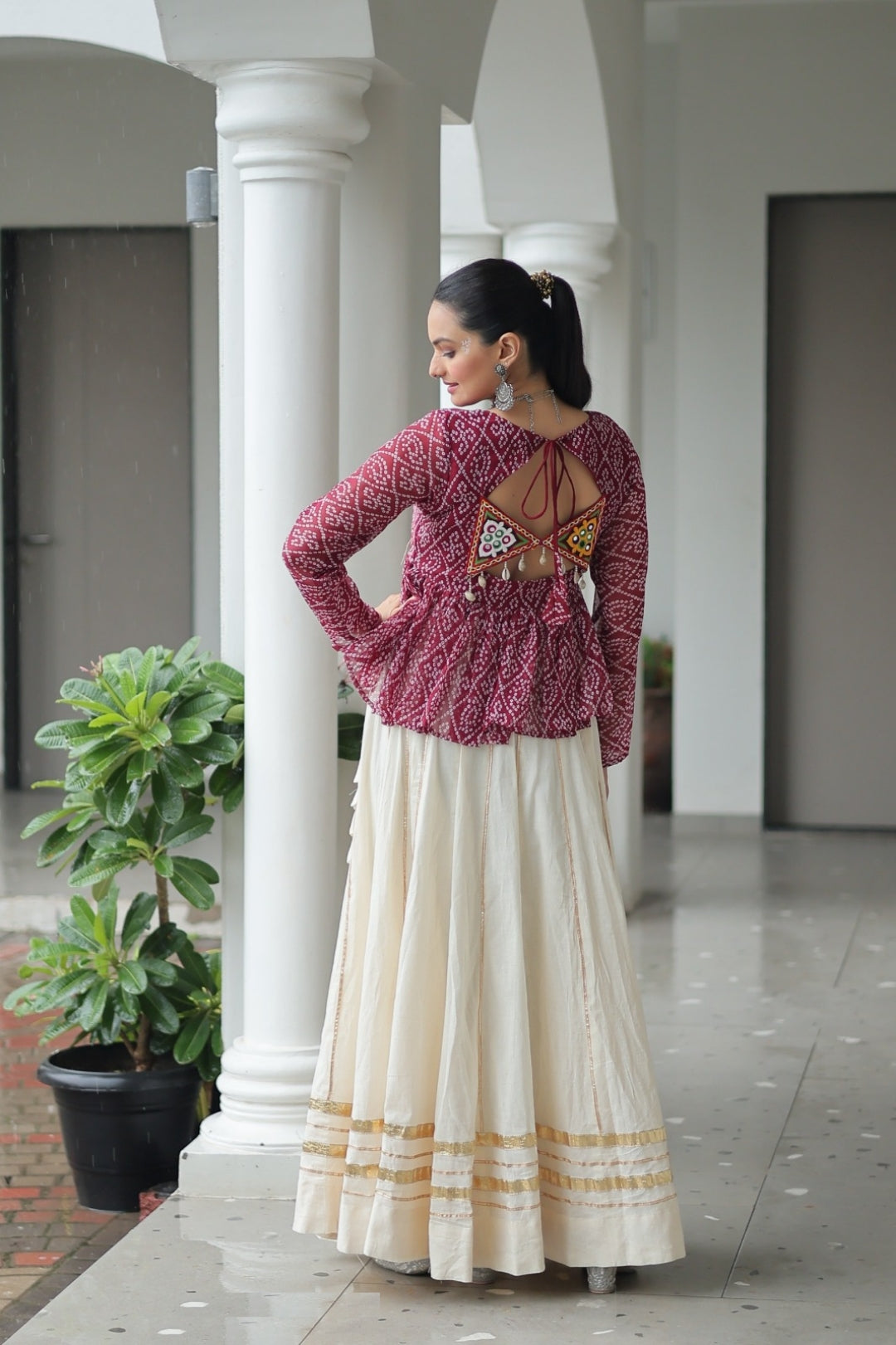 Trendy Off White And Maroon Cotton With Attractive Gota Patti Lace Work Festive Wear Lehenga Set
