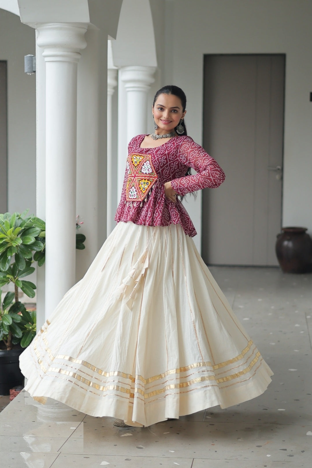 Trendy Off White And Maroon Cotton With Attractive Gota Patti Lace Work Festive Wear Lehenga Set