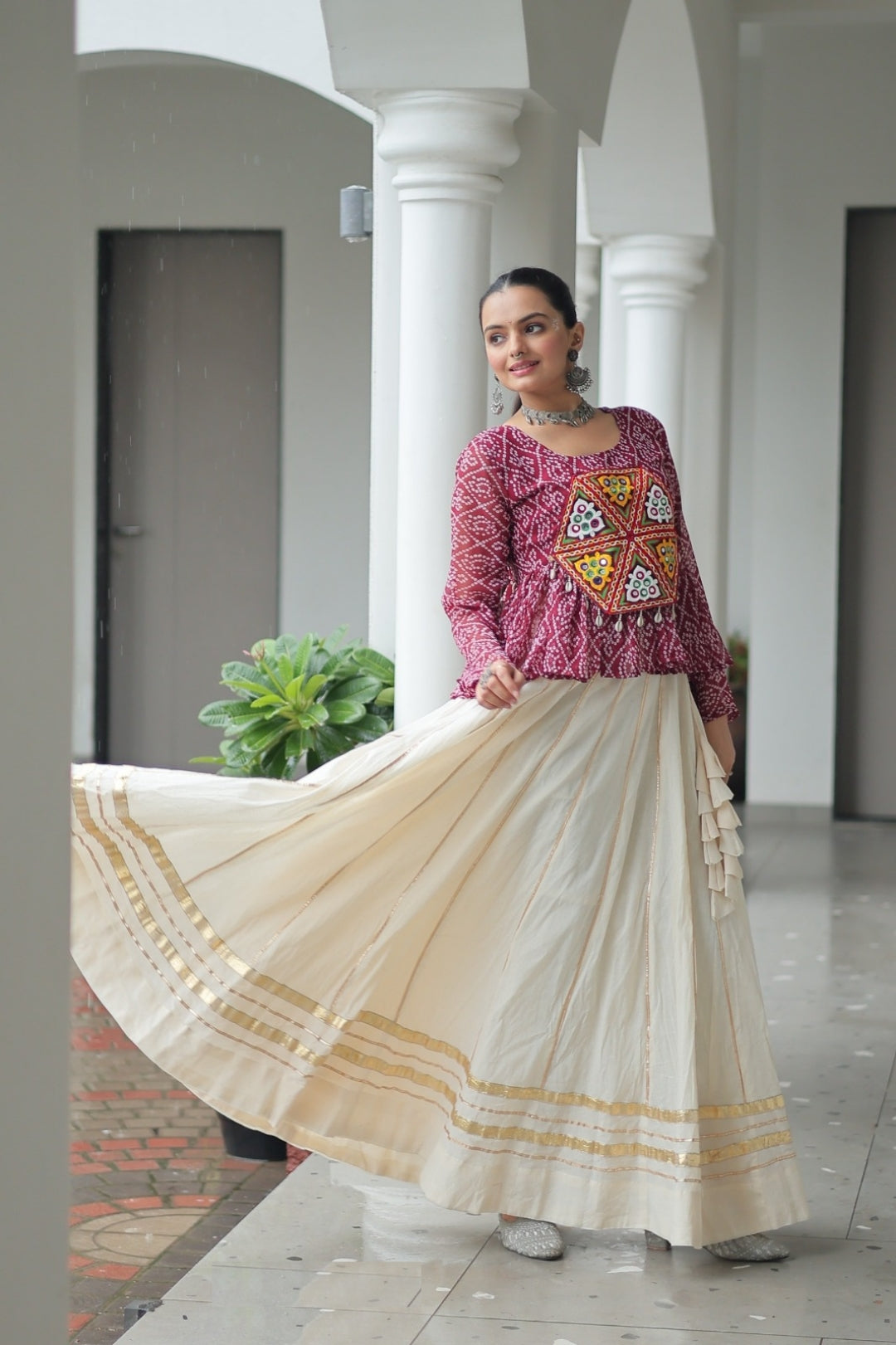 Trendy Off White And Maroon Cotton With Attractive Gota Patti Lace Work Festive Wear Lehenga Set