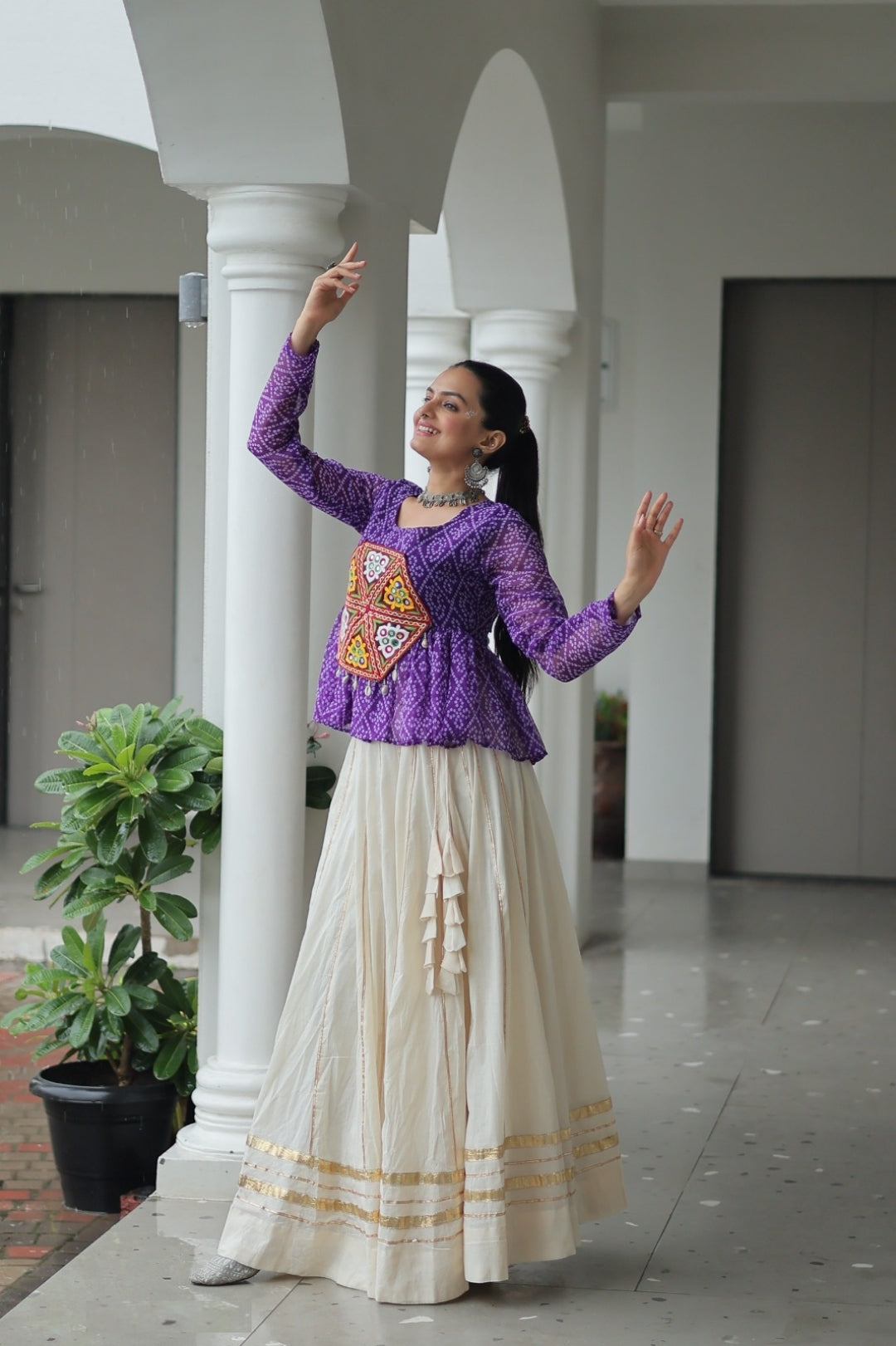 Dazzling Off White And Blue Cotton With Attractive Gota Patti Lace Work Festive Wear Lehenga Set