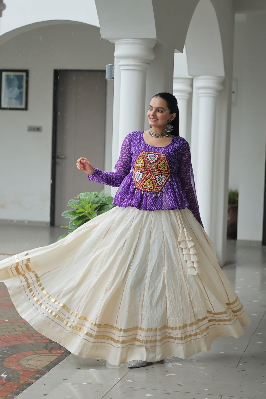 Dazzling Off White And Blue Cotton With Attractive Gota Patti Lace Work Festive Wear Lehenga Set