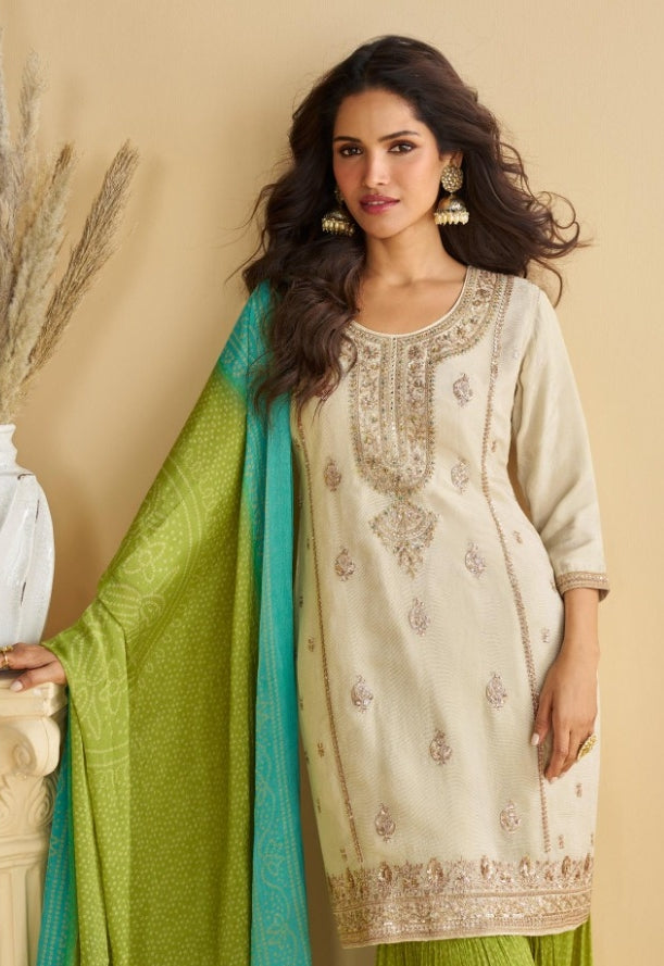 Radiant White And Green Chinon Silk With Embroidery Work Gharara Bottom Suit Set