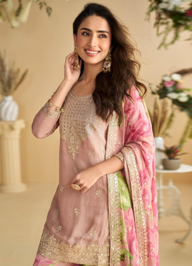 Gleaming Pink Chinon Silk With Embroidery Work Gharara Bottom Suit Set
