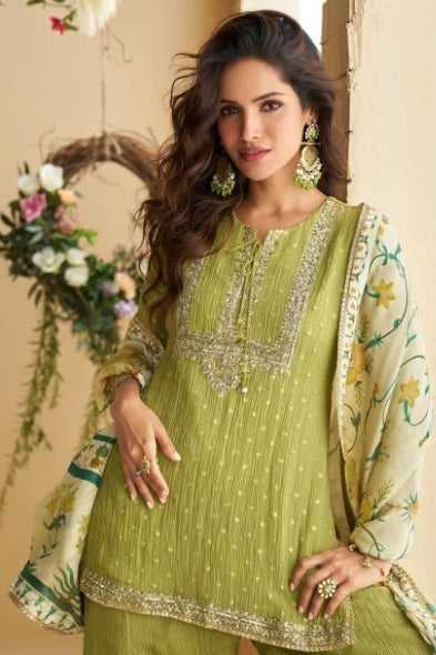Opalescent Pista Green Chinon Silk With Embroidery Work Gharara Bottom Suit Set