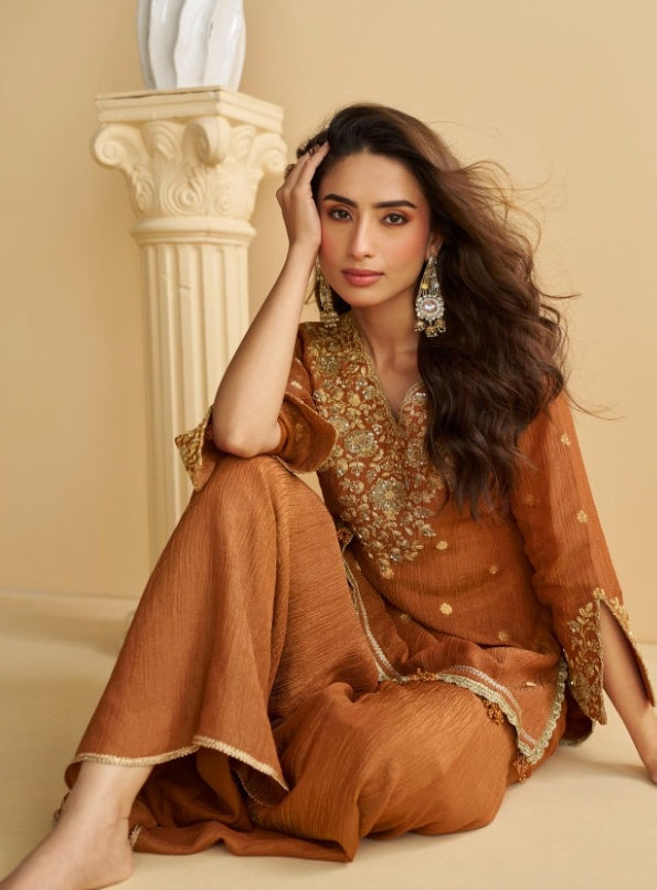 Luxe Brown Chinon Silk With Embroidery Work Gharara Bottom Suit Set