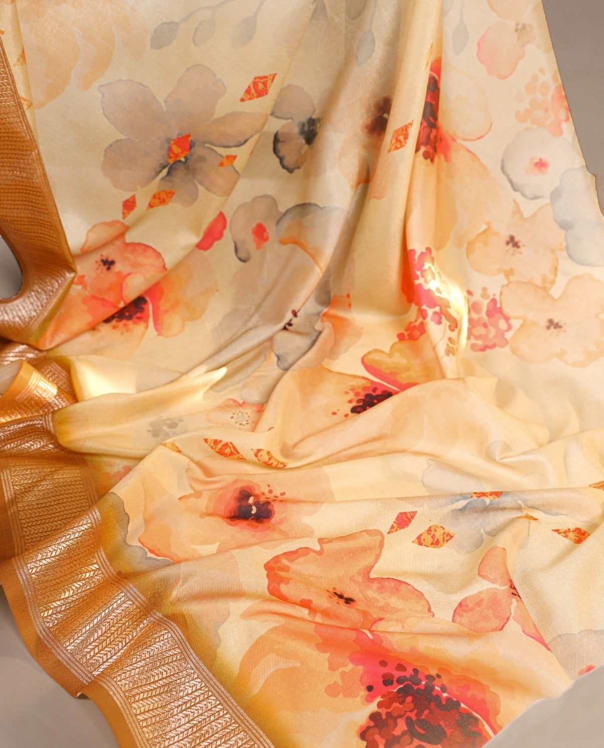 Dazzling Beige And Orange Tussar Silk Floral Print Saree