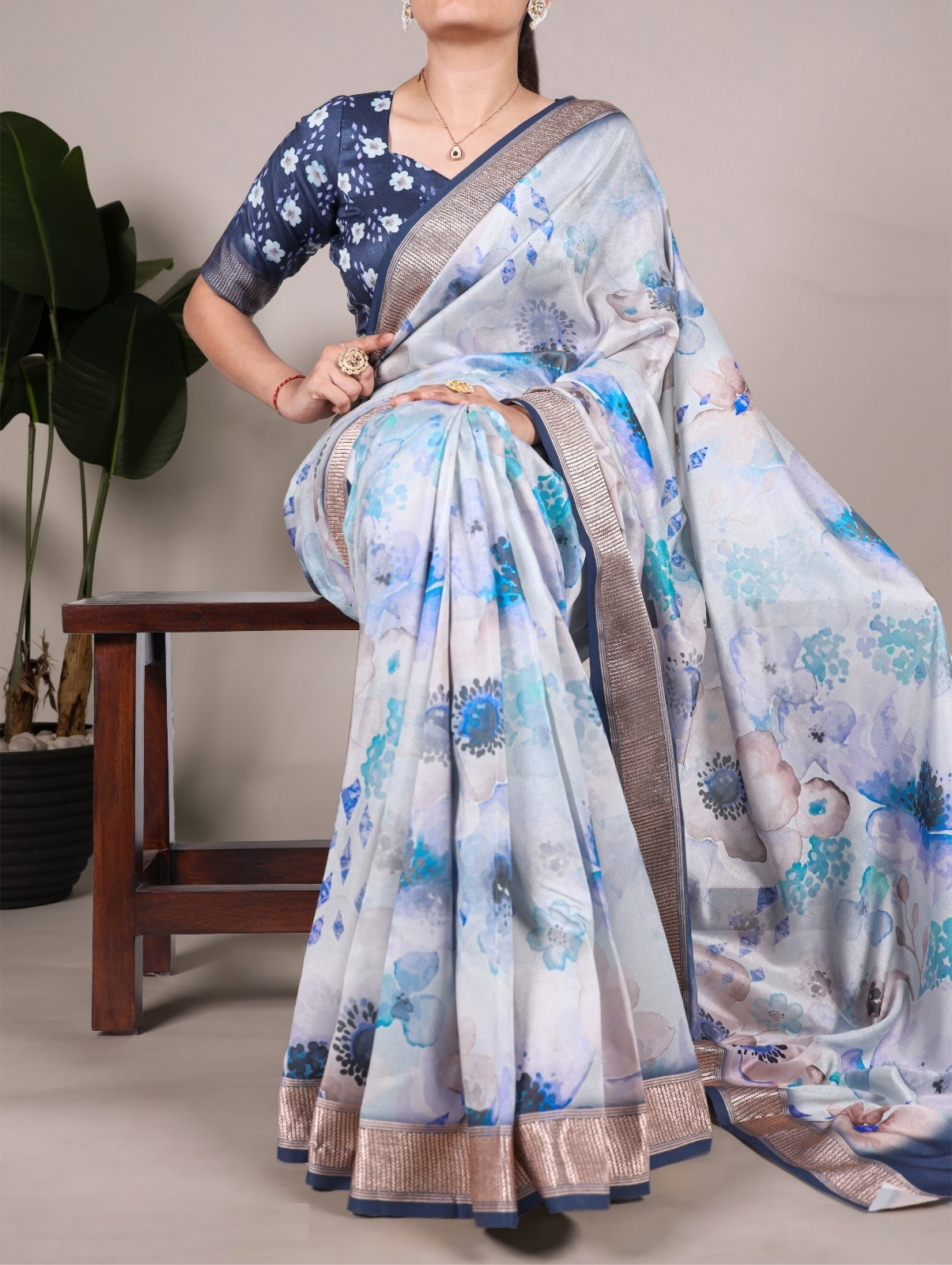 Classy White And Blue Tussar Silk Floral Print Saree