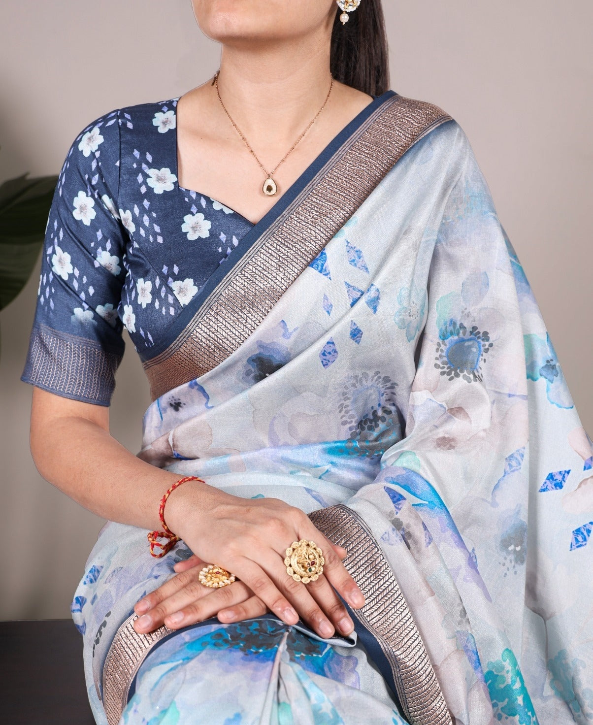 Classy White And Blue Tussar Silk Floral Print Saree