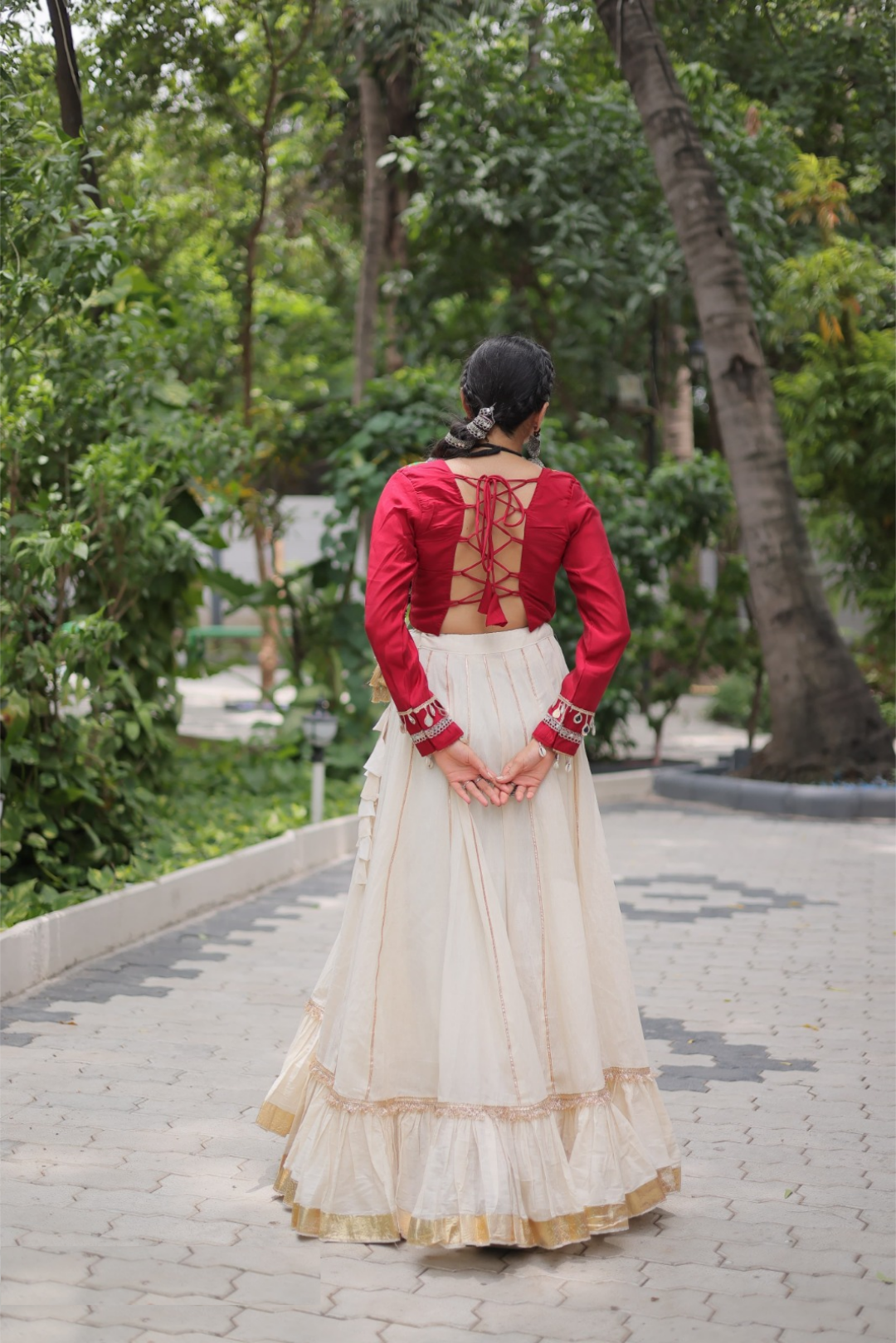 Glamorous Off White And Maroon Kora Cotton Festive Wear Lehenga Set
