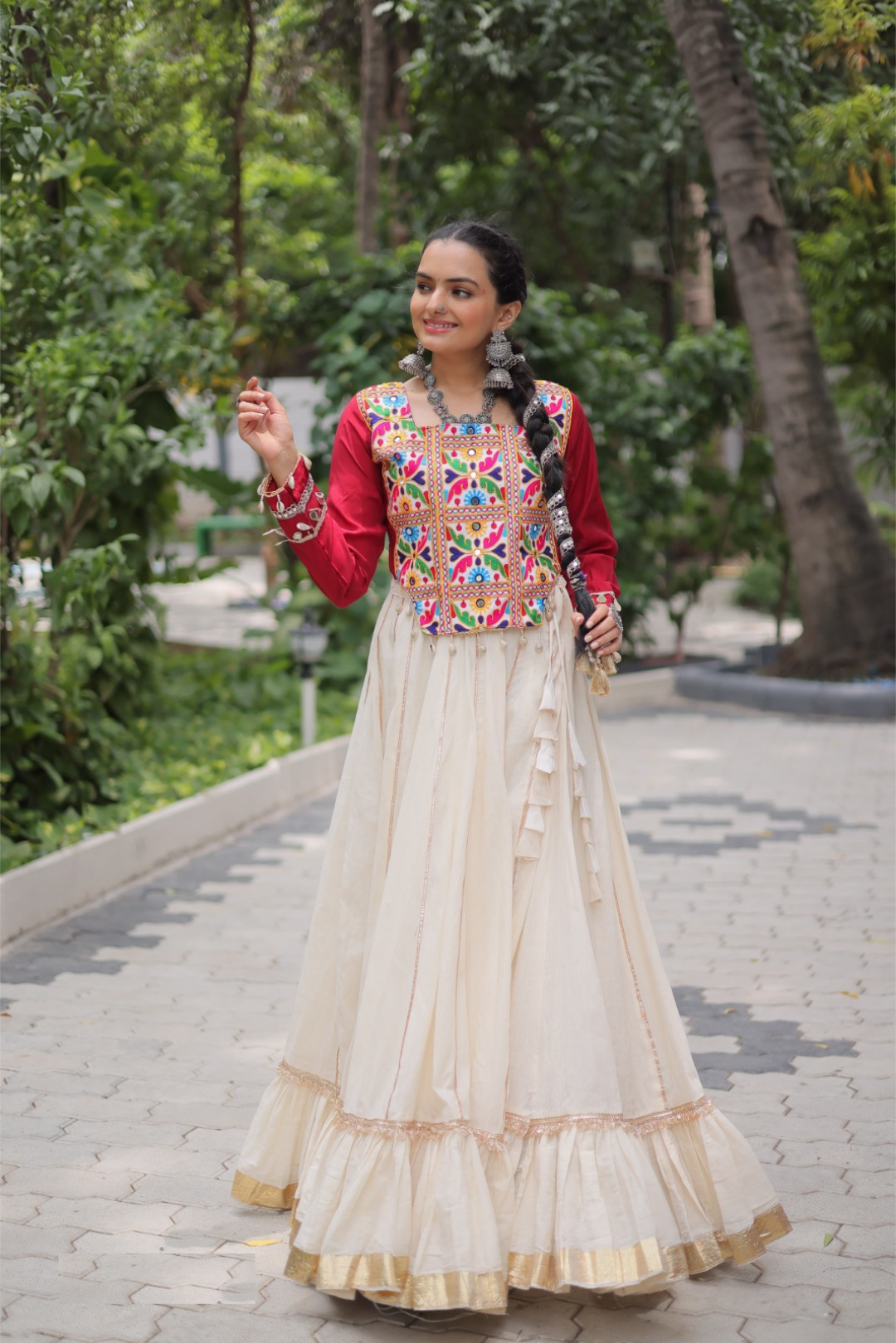 Glamorous Off White And Maroon Kora Cotton Festive Wear Lehenga Set
