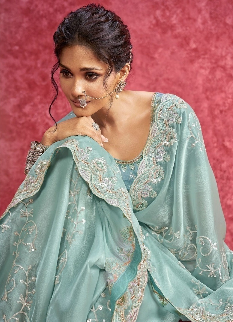 Statement Making Sky Blue Galaxy Silk Boutique Style Saree