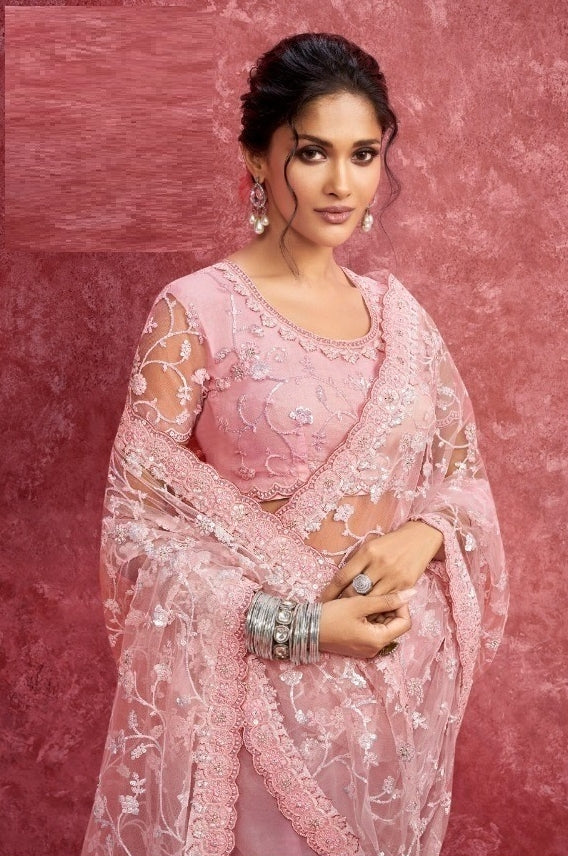 Lustrous Pink Net Boutique Style Saree
