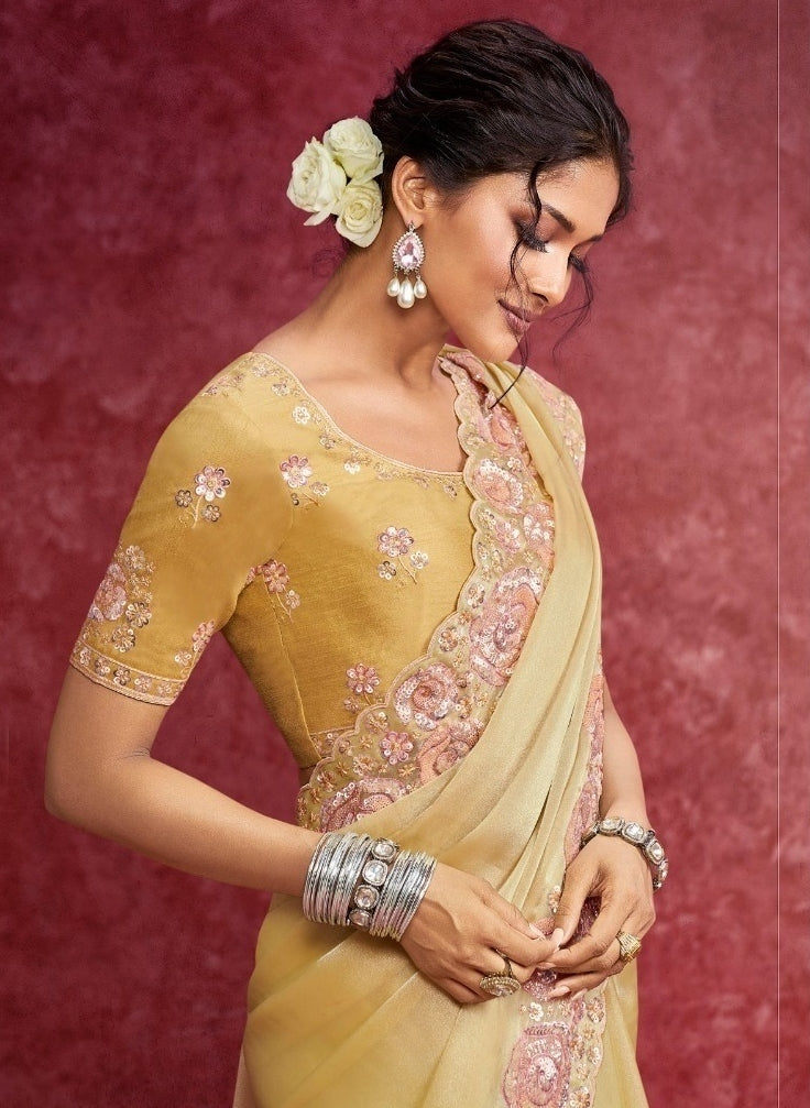 Avant Garde Yellow Galaxy Silk Boutique Style Saree