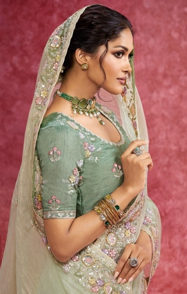 Beautiful Sea Green Pure Weave Silk Boutique Style Saree