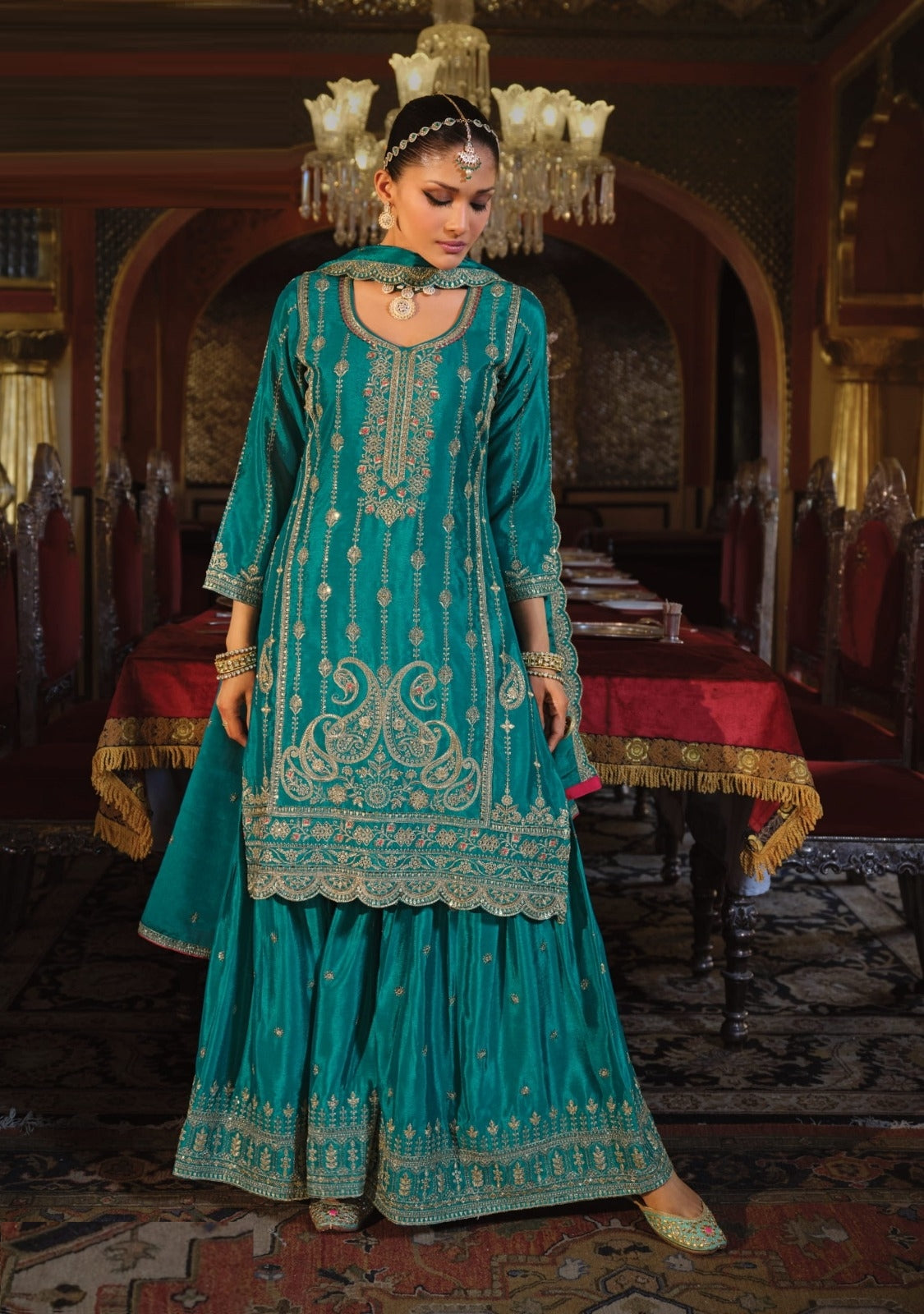Contemporary Teal Heavy Chinon Pant Bottom Suit Set