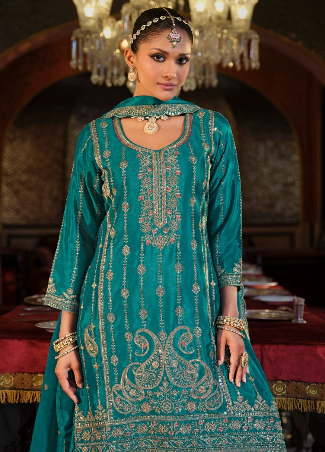 Contemporary Teal Heavy Chinon Pant Bottom Suit Set