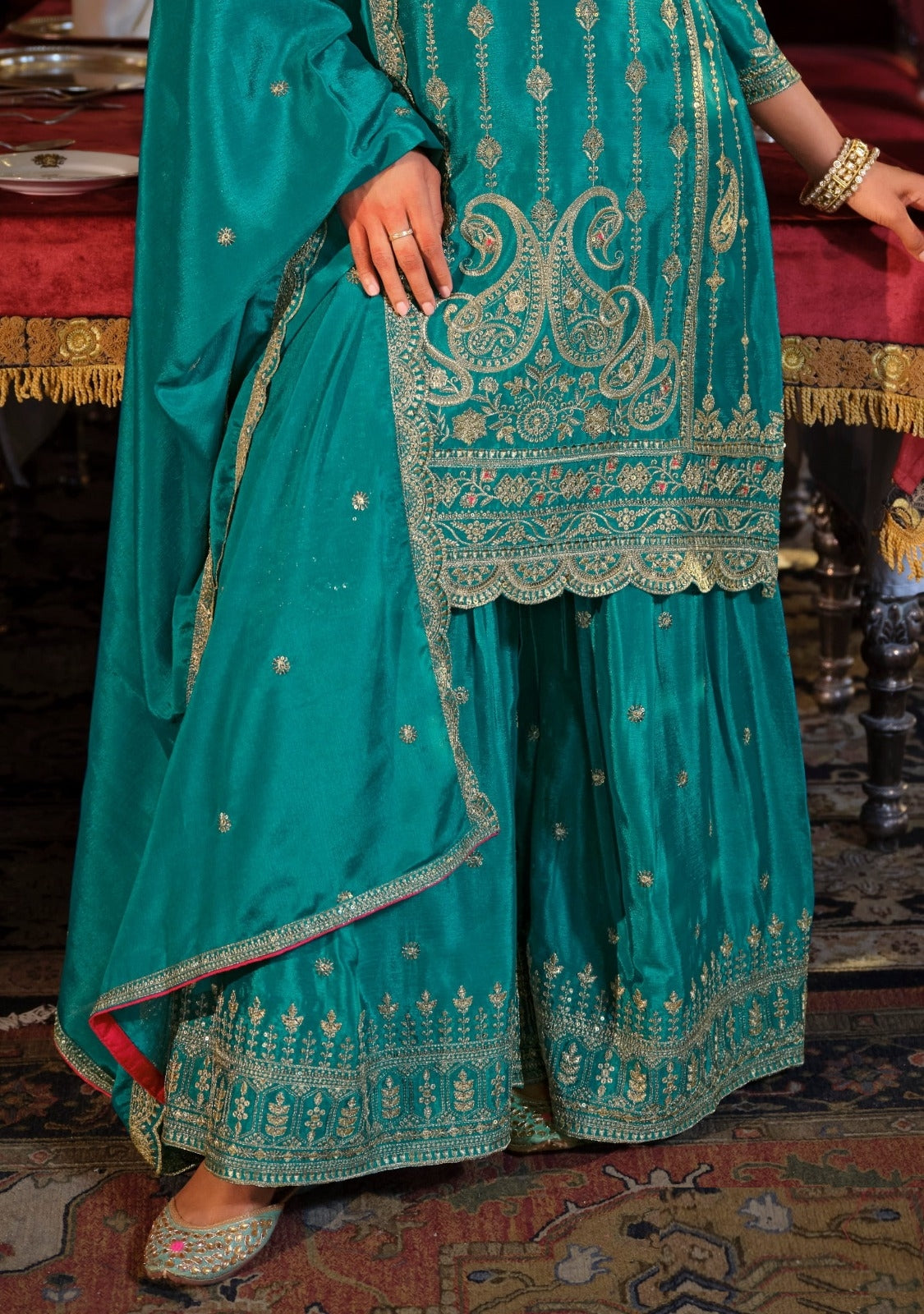 Contemporary Teal Heavy Chinon Pant Bottom Suit Set