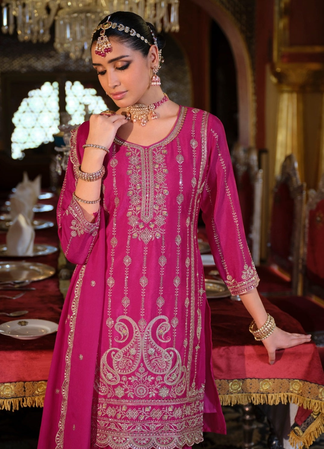 Understated Pink Heavy Chinon Pant Bottom Suit Set