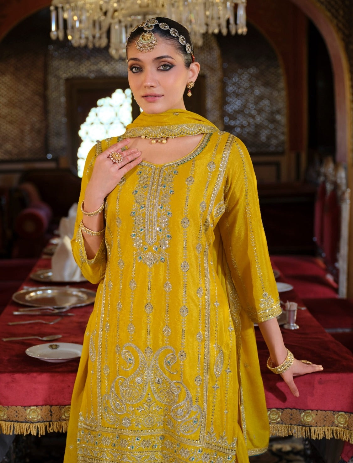 Alluring Yellow Heavy Chinon Pant Bottom Suit Set