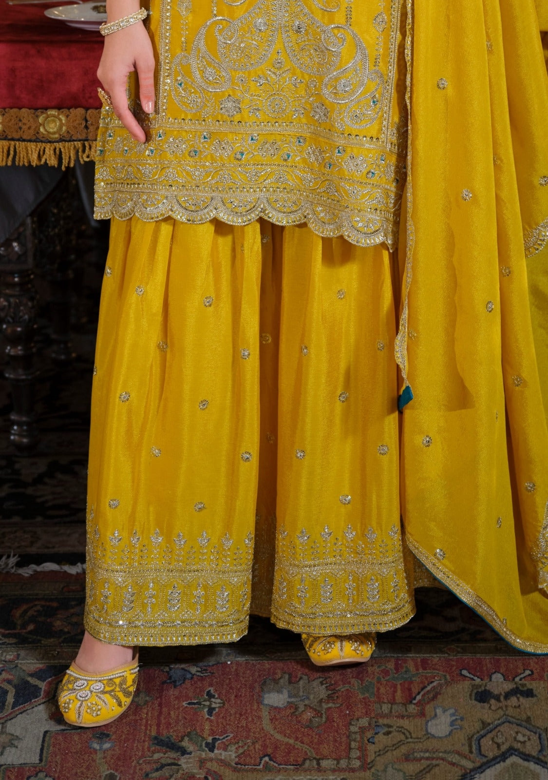 Alluring Yellow Heavy Chinon Pant Bottom Suit Set