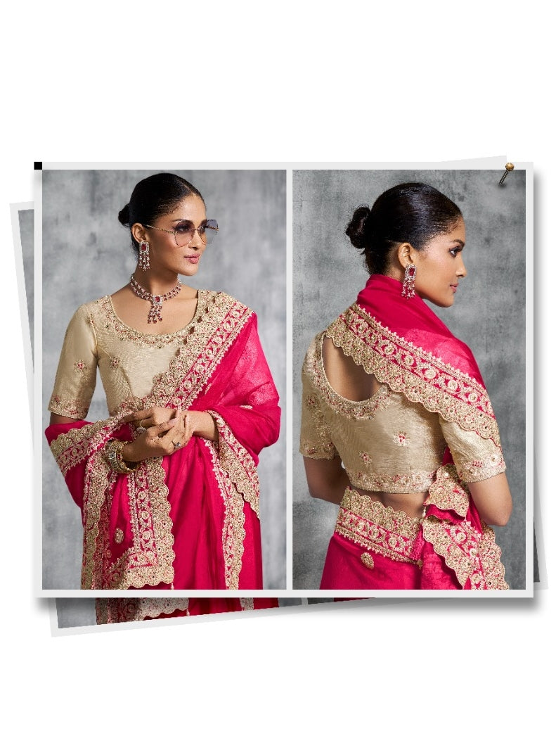 Flattering Rani Pink Tissue Tissue Saree