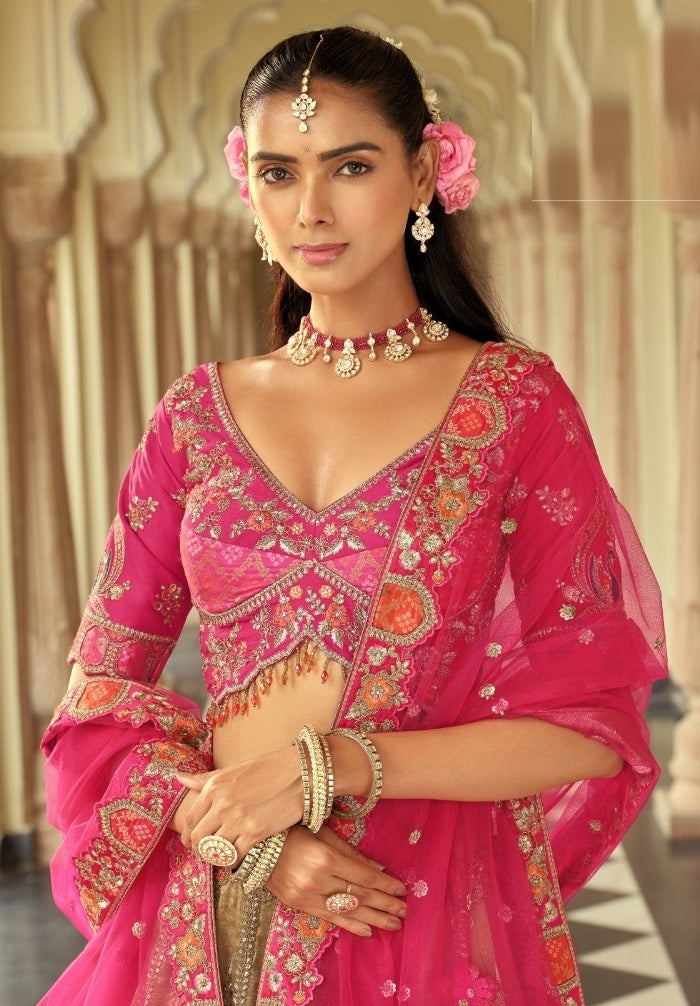 Charming Pink Silk With Embroidery Work Bridal Lehenga