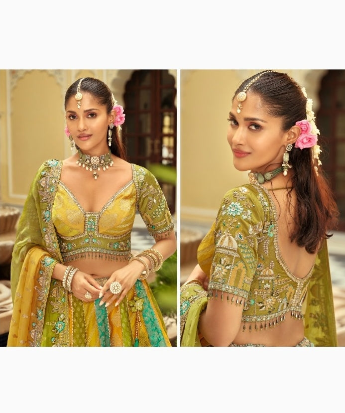 Comfy Yellow And Blue Silk With Embroidery Work Bridal Lehenga