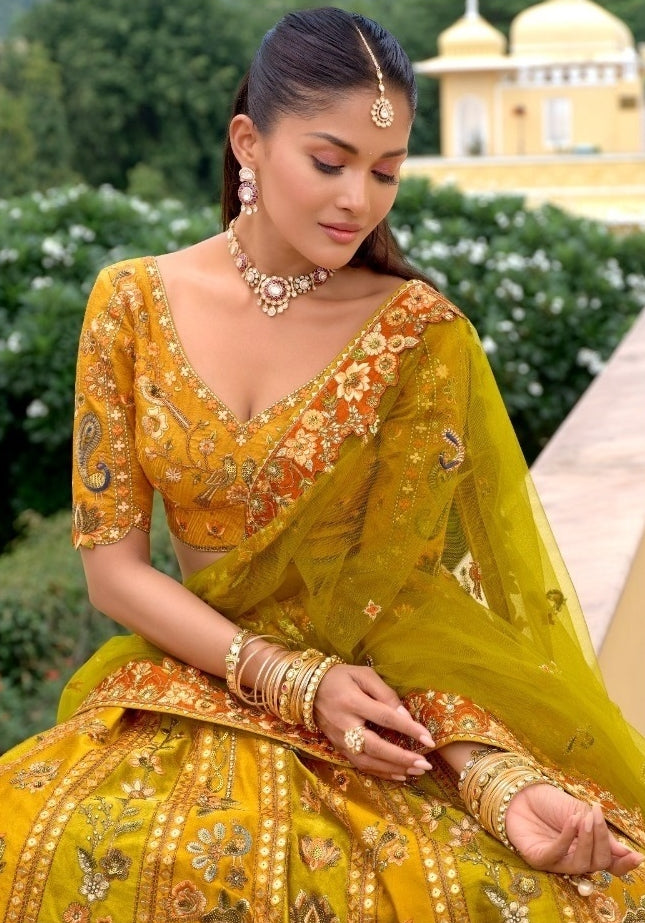 Classy Yellow Silk With Embroidery Work Bridal Lehenga