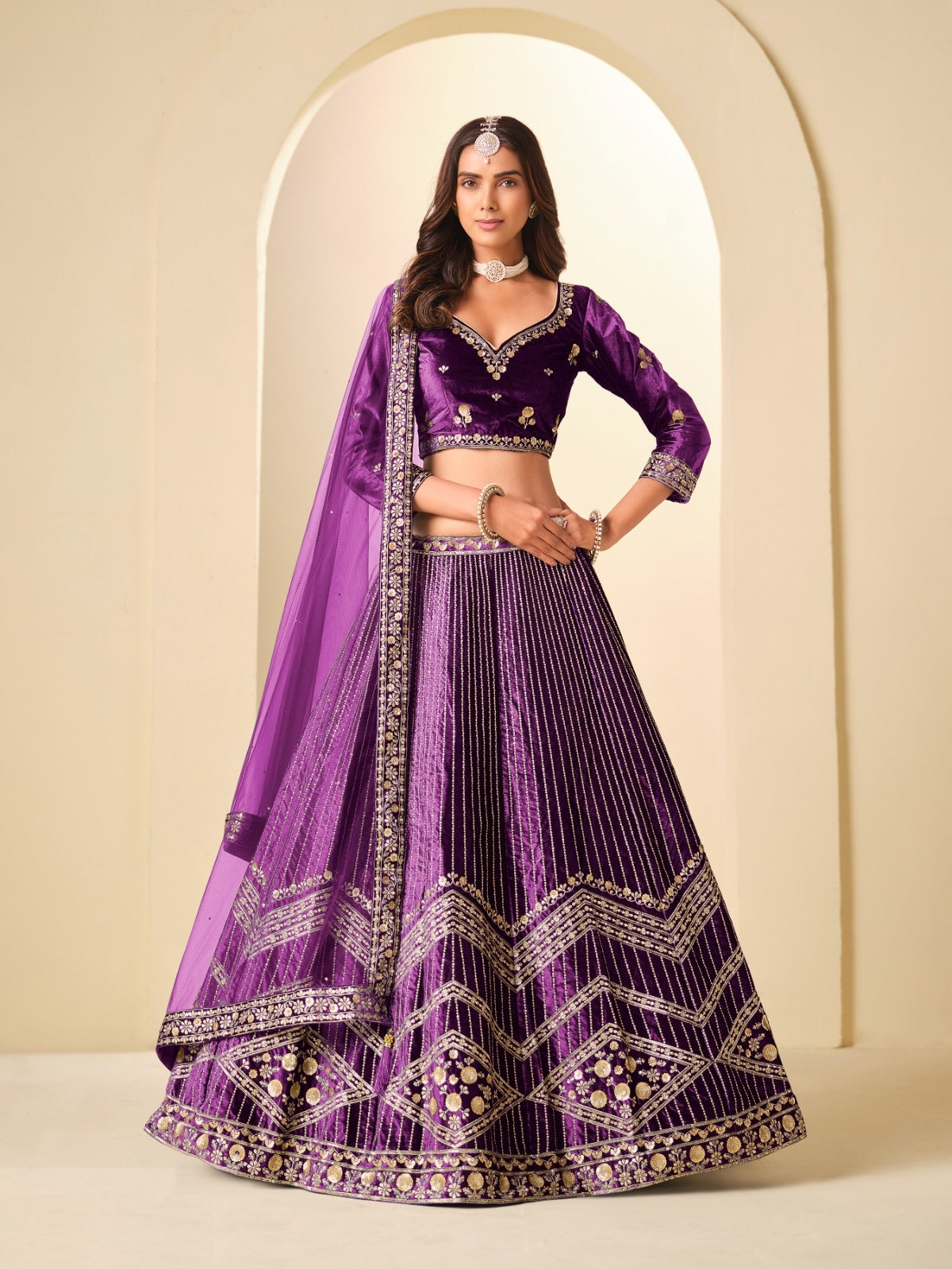 Opulent Purple Velvet Semi-Stitched Traditional Lehenga