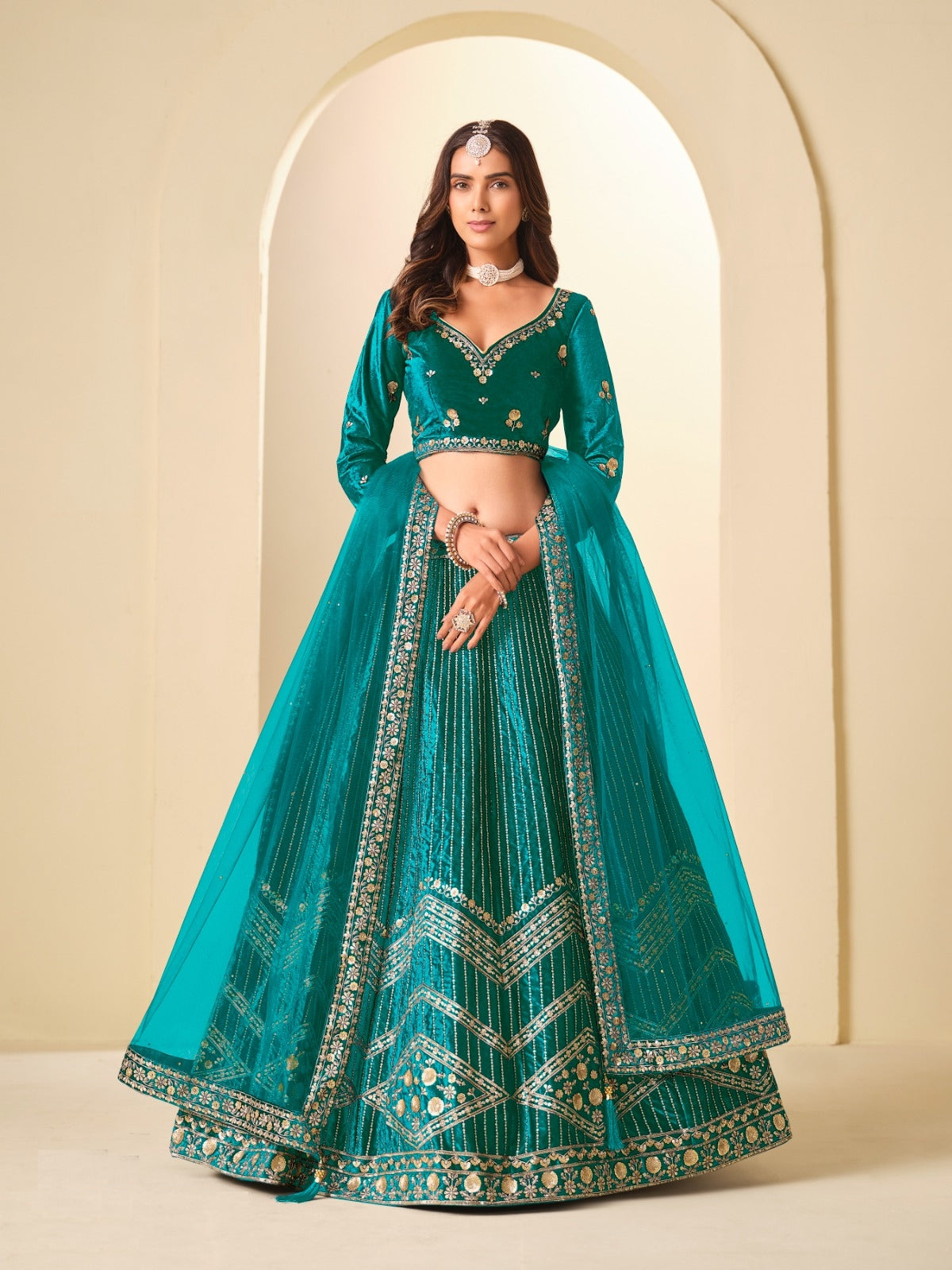 Graceful Aqua Blue Velvet Semi-Stitched Traditional Lehenga