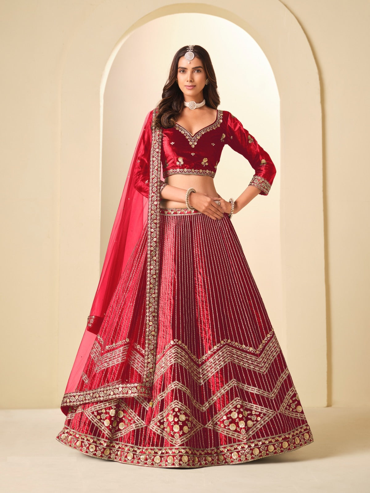 Trendy Red Velvet Semi-Stitched Traditional Lehenga
