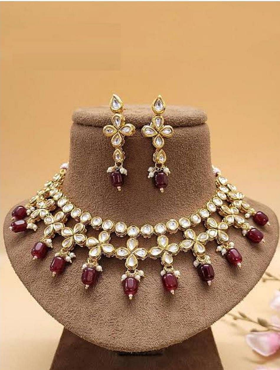 Elegant Gold-Plated Necklace Set with Ruby Drops