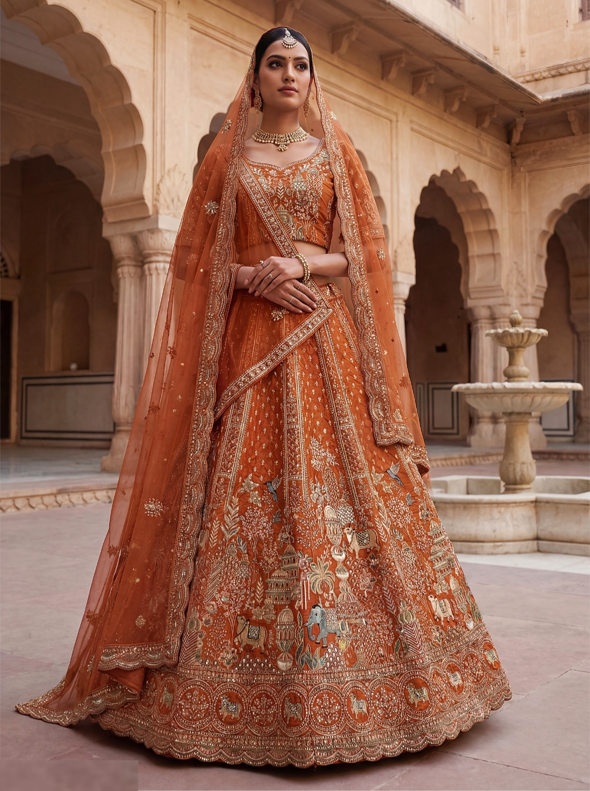 Sculpted Rust Silk Bridal Lehenga