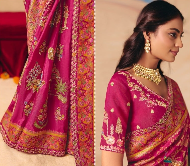 Couture Dark Pink Dola Zari Silk Bridal Saree