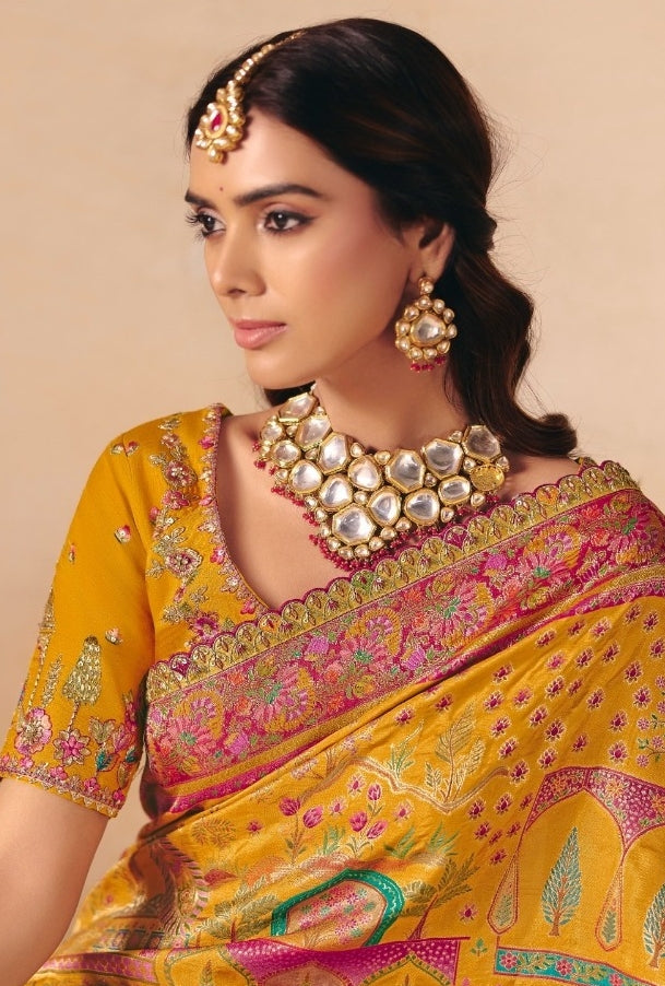 Tailored-To-Perfection Mustard Dola Zari Silk Bridal Saree
