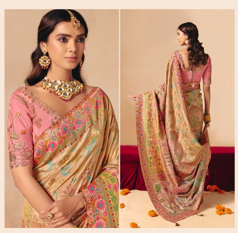 Avant-Garde Light Beige Dola Zari Silk Bridal Saree