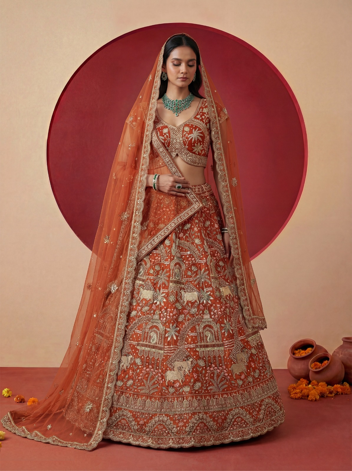 Sophisticated Rust Silk Bridal Lehenga