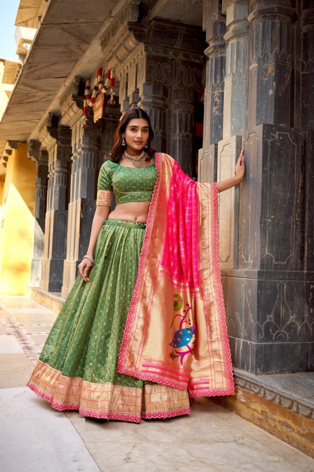 Women Green Shimmer Organza Paithani Silk Lehenga
