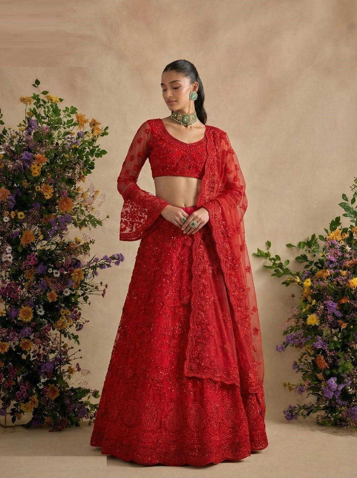 Couture Maroon Net With Embroidery Work Reception Lehenga