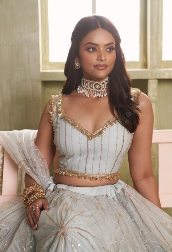Women Off White Net With Two Tone Cotton Sequins Embroidery Work Stylish Lehenga Set
