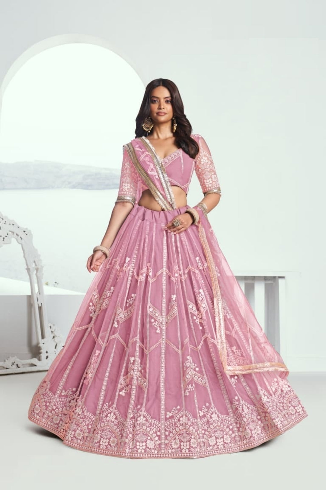 Women Baby Pink Net With Sequins Embroidery Work Stylish Lehenga