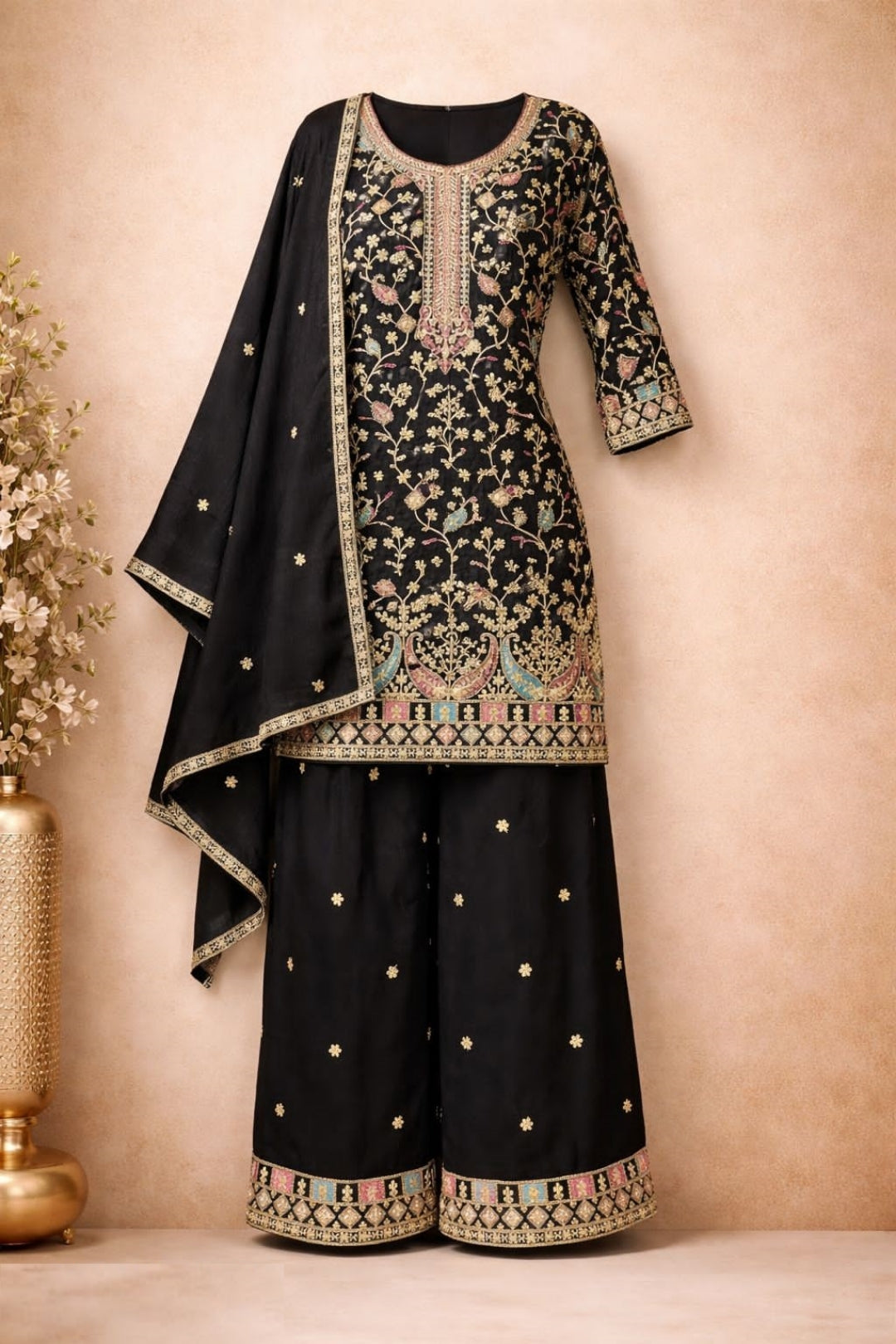 Women Black Chinon With Embroidery Work Pant Bottom Suit Set