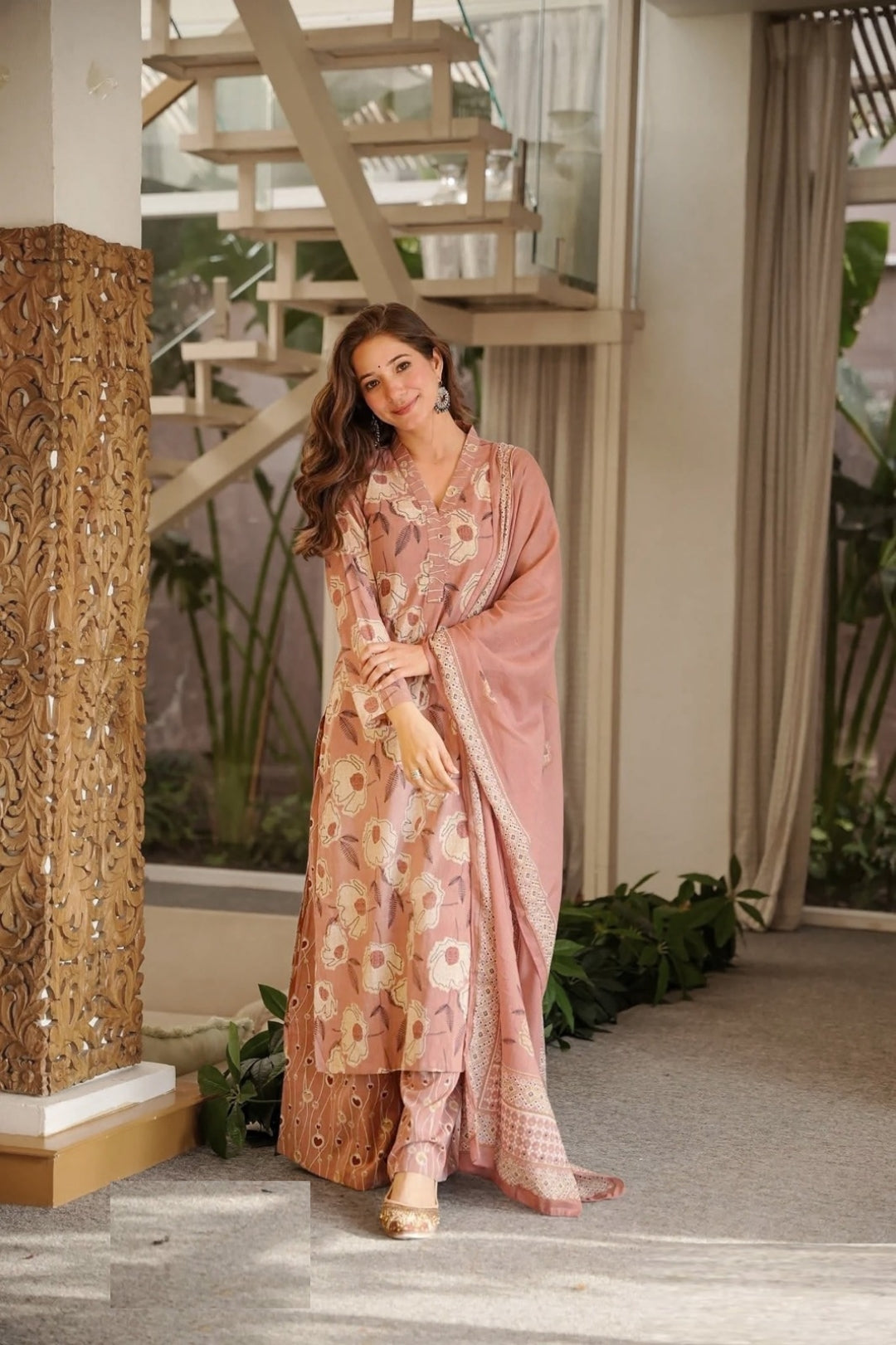Women Powder Pink Cambric Cotton Pant Bottom Suit Set