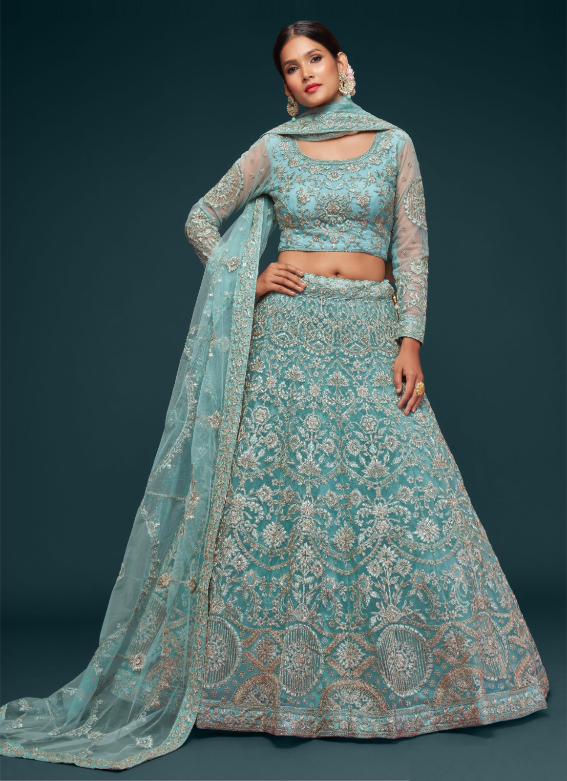 Refined Blue Soft Net Thread Zari Embroidery Work Reception Lehenga